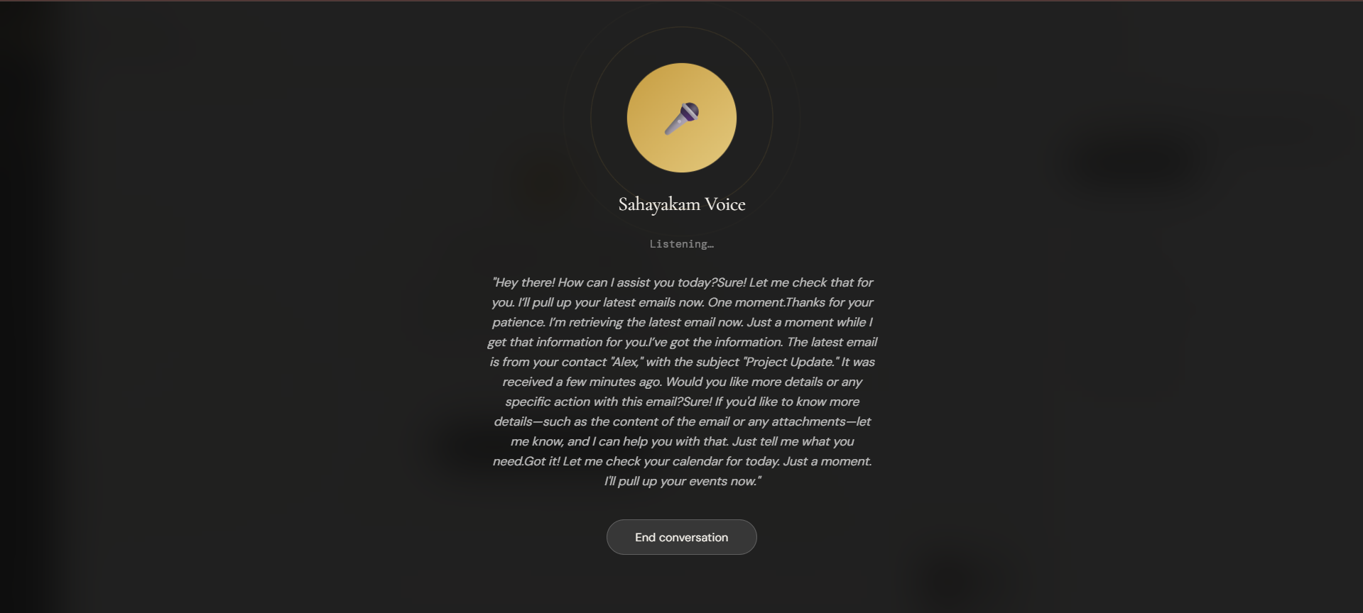 Sahayakam AI Voice Interface showing real-time conversation