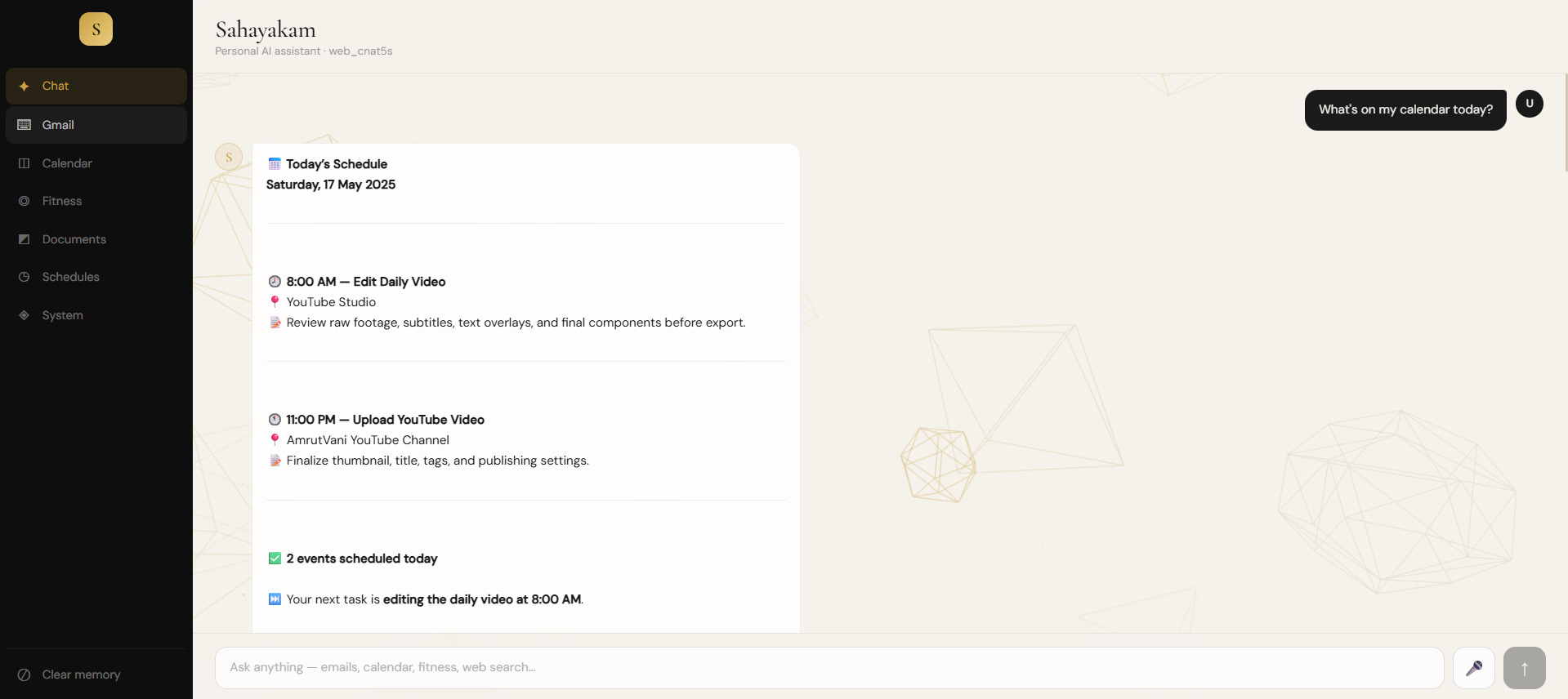Google Calendar Integration — Sahayakam showing today's schedule with event details