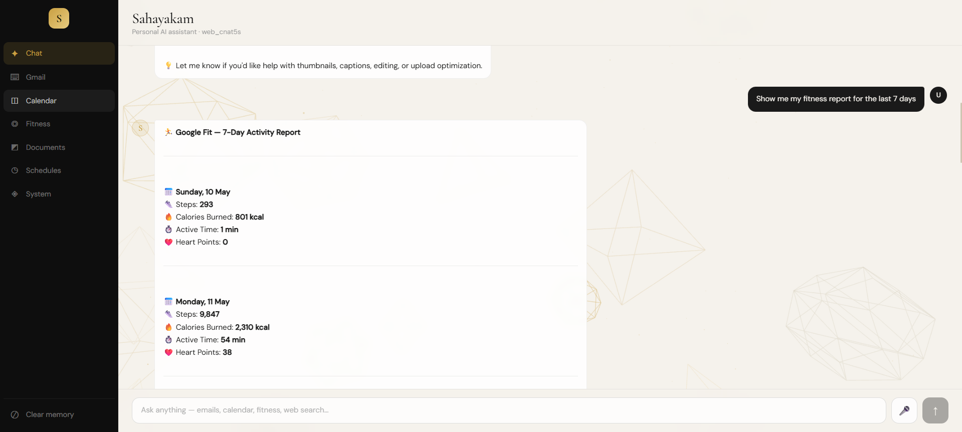 Google Fit Integration — 7-day activity report with steps, calories, and heart points